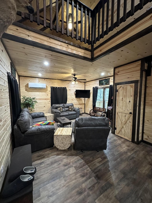 living room with ceiling fan, dark hardwood / wood-style floors, and wooden walls