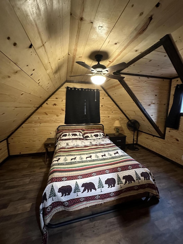 bedroom featuring wood walls, wood ceiling, vaulted ceiling, dark hardwood / wood-style flooring, and ceiling fan