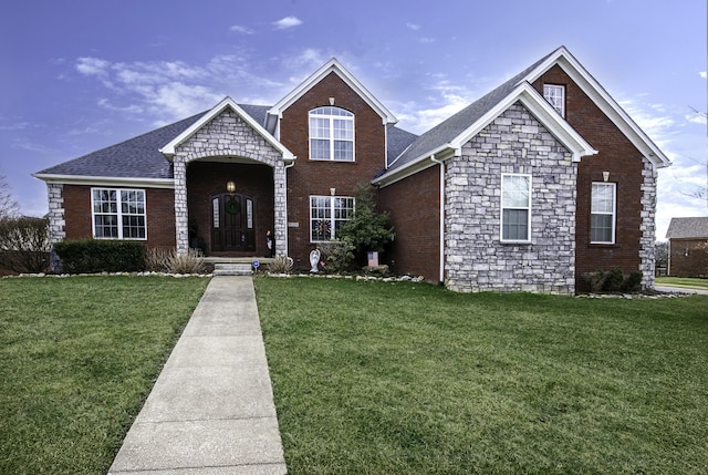 6028 Crabapple Rd, Versailles, KY 40383 - view of front of house with stone siding, roof with shingles, and a front lawn