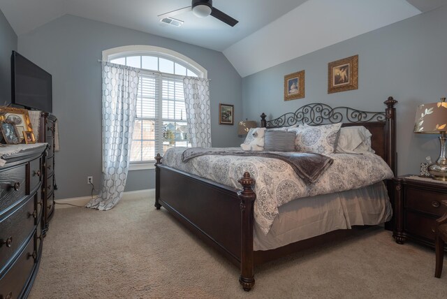 bedroom with ceiling fan and carpet floors