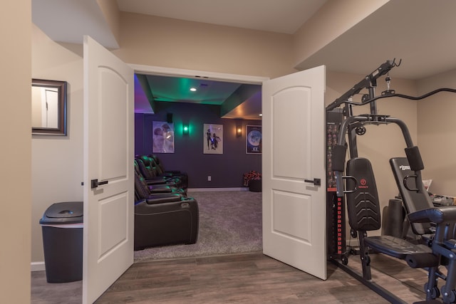 workout room featuring dark hardwood / wood-style floors