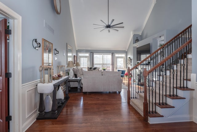 6028 Crabapple Rd, Versailles, KY 40383 - living area featuring visible vents, dark wood-type flooring, crown molding, ceiling fan, and stairs