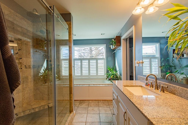 full bath featuring a wealth of natural light, a shower stall, and vanity