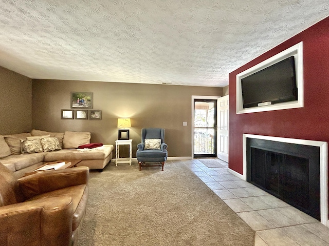 tiled living room with a textured ceiling