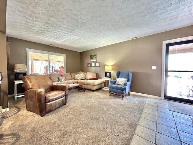 living room with a textured ceiling and carpet flooring