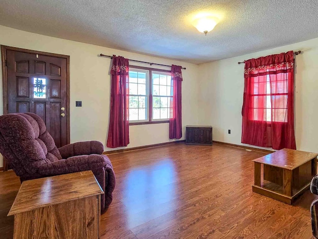 living room with hardwood / wood-style flooring and a textured ceiling