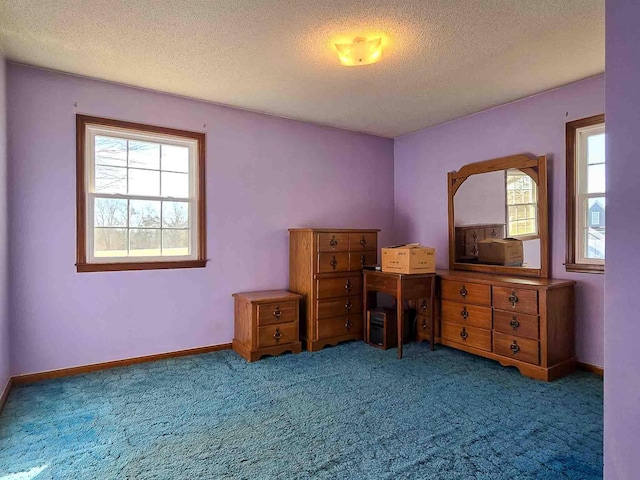 interior space with carpet flooring, a textured ceiling, and multiple windows