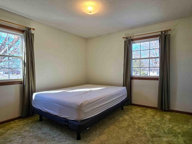 bedroom with multiple windows, a textured ceiling, and carpet