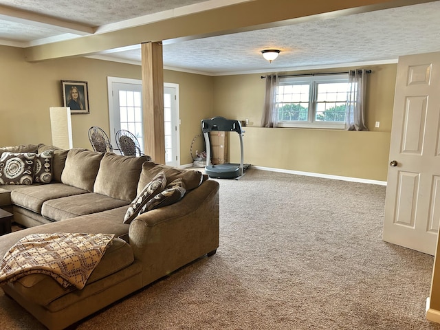 carpeted living room featuring crown molding, beam ceiling, and a textured ceiling