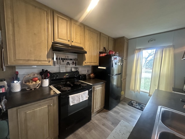 kitchen featuring light wood-type flooring, decorative backsplash, sink, and black appliances