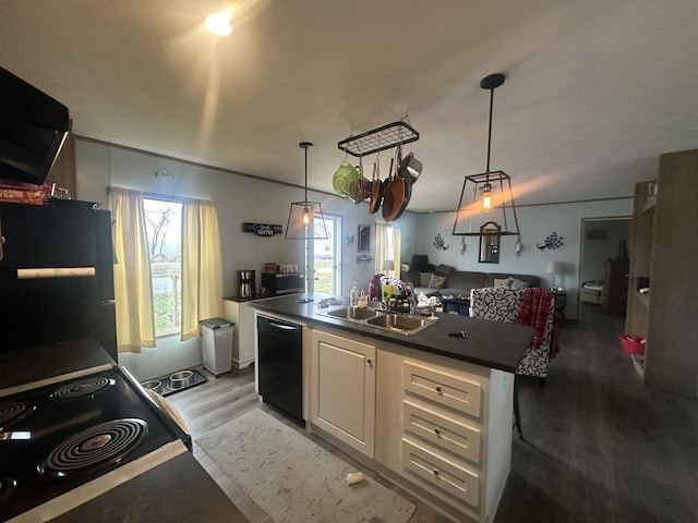 kitchen featuring black appliances, decorative light fixtures, sink, and light hardwood / wood-style flooring