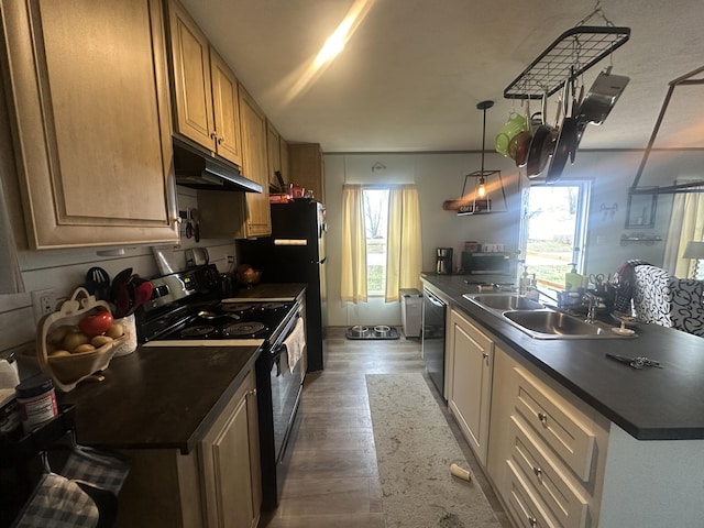 kitchen with sink, a healthy amount of sunlight, a center island with sink, and black appliances