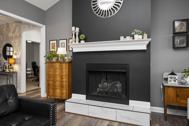 living room featuring dark wood-type flooring