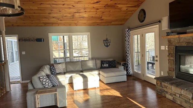 living room featuring a fireplace, wooden ceiling, dark hardwood / wood-style floors, and vaulted ceiling