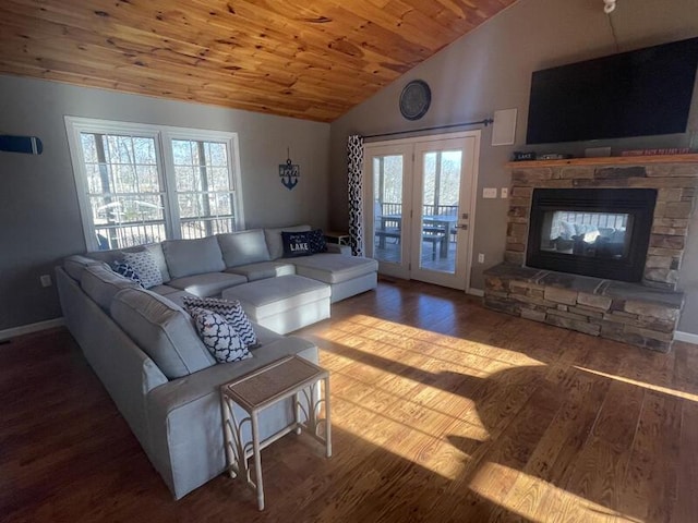 living room with wood ceiling, a fireplace, vaulted ceiling, and hardwood / wood-style flooring