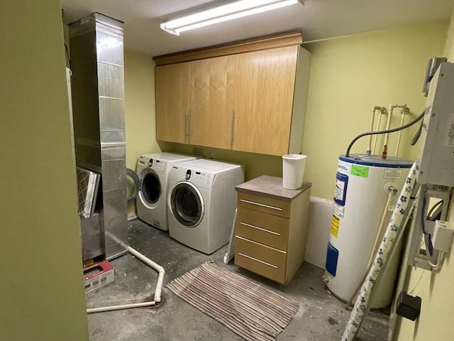 laundry room featuring cabinets, washing machine and dryer, and water heater