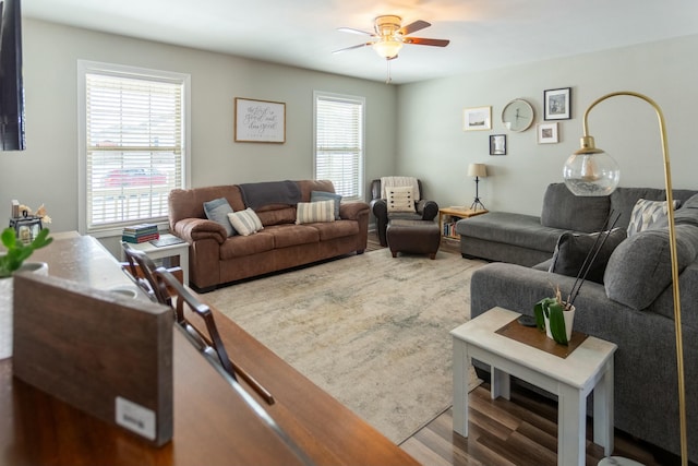 living room featuring ceiling fan and hardwood / wood-style floors