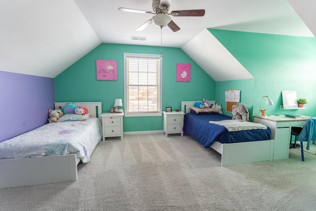 carpeted bedroom featuring ceiling fan and lofted ceiling