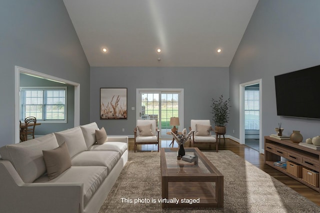 living room with high vaulted ceiling and hardwood / wood-style floors