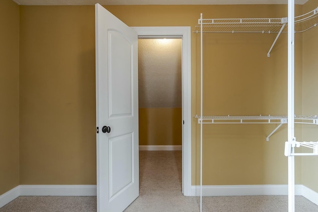 walk in closet with light colored carpet