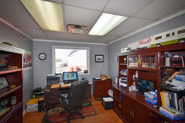 office area featuring wood-type flooring, a drop ceiling, and crown molding