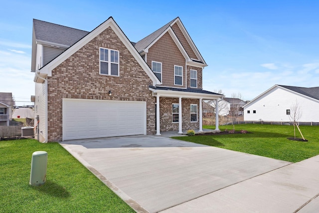 view of front facade with a front lawn, cooling unit, concrete driveway, a garage, and brick siding