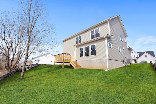 back of property featuring central AC, stairs, and a yard