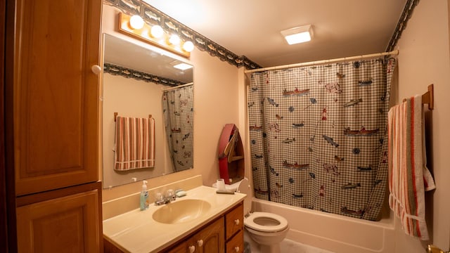 full bathroom featuring toilet, shower / tub combo, and vanity