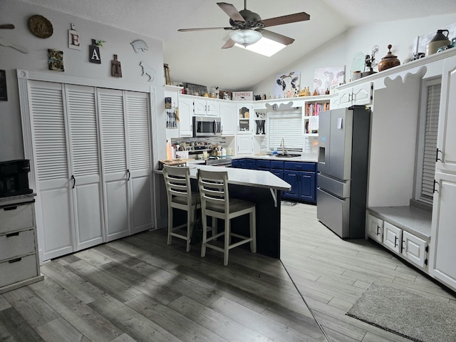 kitchen featuring blue cabinets, white cabinetry, appliances with stainless steel finishes, and sink