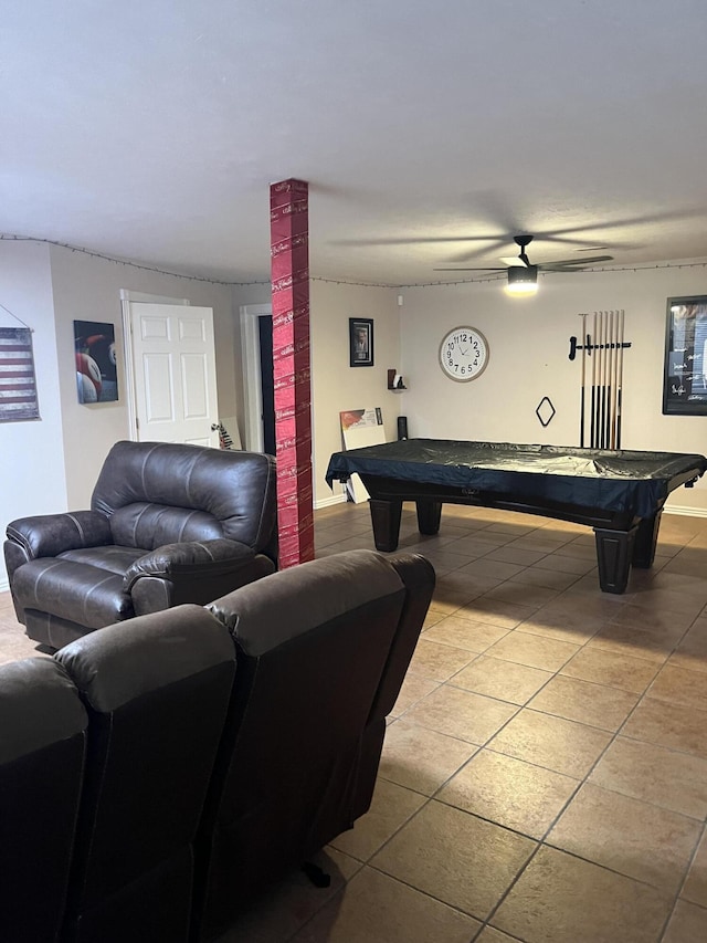 recreation room featuring tile patterned flooring, ceiling fan, and billiards