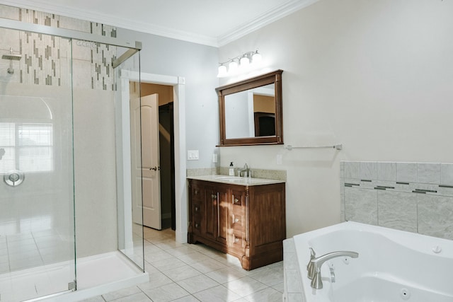 bathroom featuring crown molding, independent shower and bath, tile patterned floors, and vanity