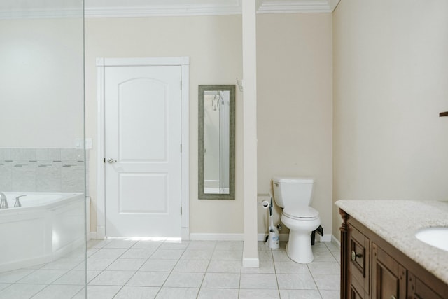 bathroom with tile patterned flooring, a bathtub, toilet, vanity, and ornamental molding