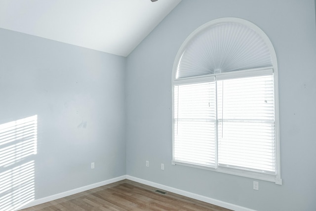 spare room featuring a wealth of natural light, light hardwood / wood-style floors, and lofted ceiling