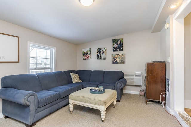 living room featuring lofted ceiling, light colored carpet, and a wall unit AC