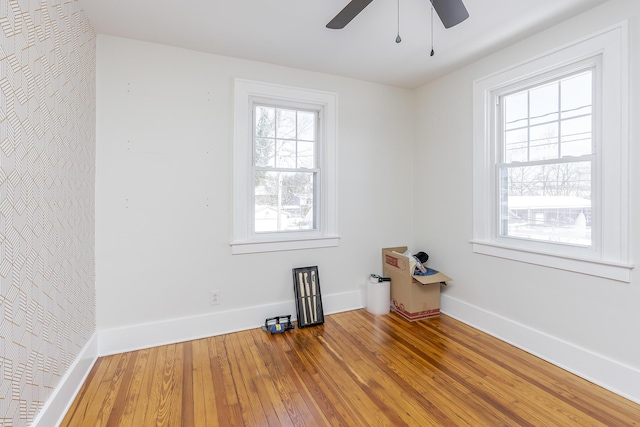 empty room with hardwood / wood-style flooring and ceiling fan