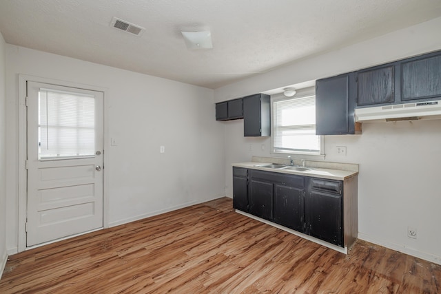 kitchen with sink, a textured ceiling, and light wood-type flooring