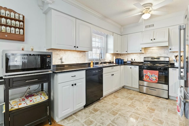 kitchen with white cabinetry, stainless steel gas range oven, black dishwasher, crown molding, and sink