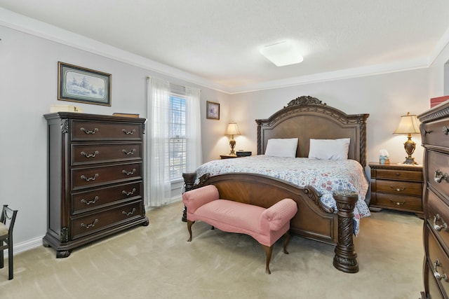 carpeted bedroom with crown molding