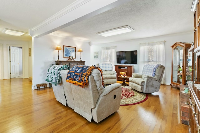 living room featuring crown molding, a textured ceiling, and light hardwood / wood-style floors