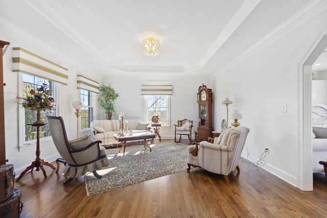 sitting room featuring dark wood-type flooring, a tray ceiling, and ornamental molding