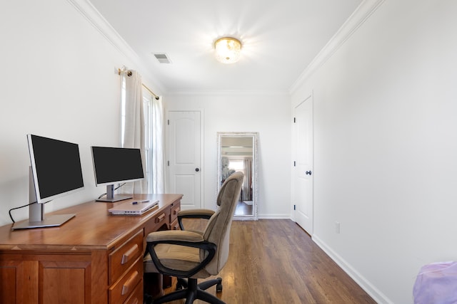 home office featuring dark hardwood / wood-style flooring and ornamental molding