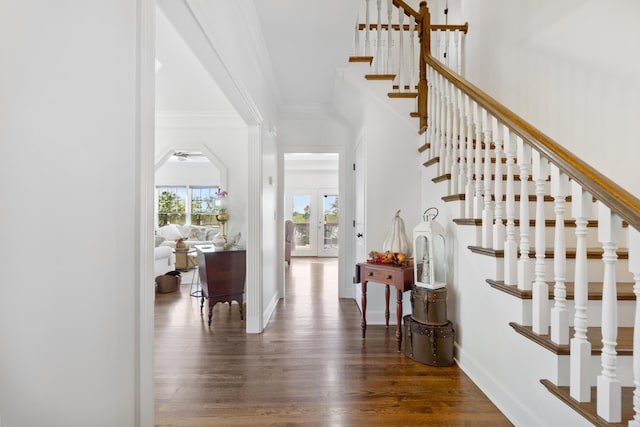 entryway with dark hardwood / wood-style floors and crown molding