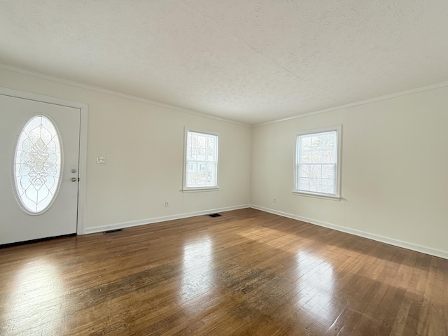 foyer entrance featuring plenty of natural light, a textured ceiling, and dark hardwood / wood-style flooring