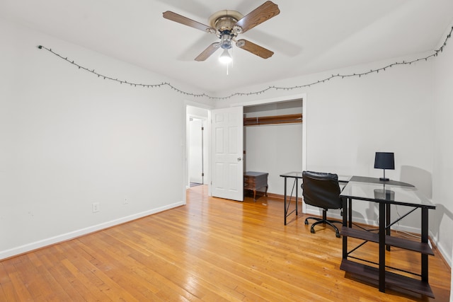 home office featuring ceiling fan and light wood-type flooring