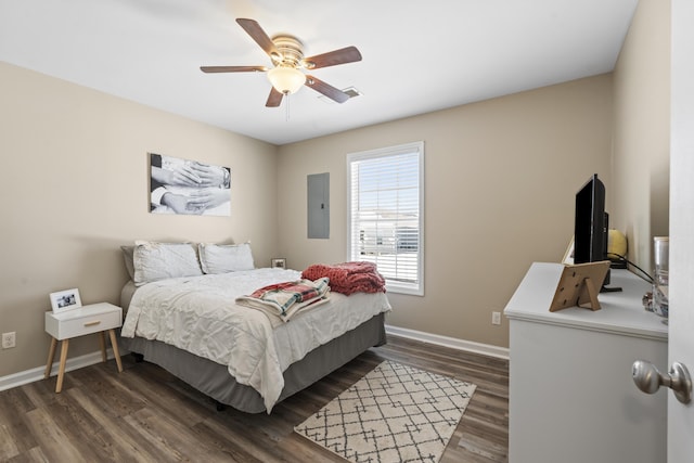 bedroom featuring ceiling fan, dark wood-type flooring, and electric panel