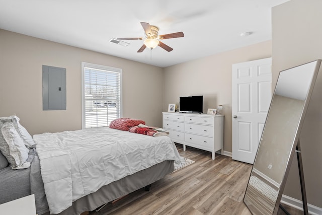 bedroom with electric panel, ceiling fan, and light hardwood / wood-style floors