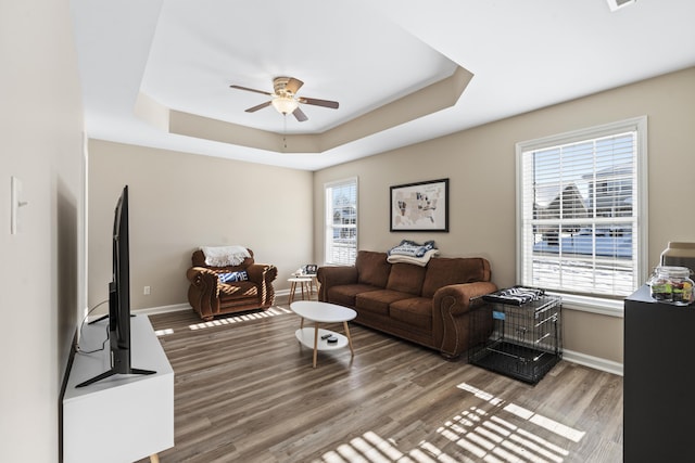 living room with hardwood / wood-style flooring, a tray ceiling, and ceiling fan