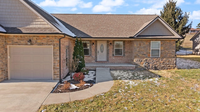 ranch-style house with a porch, a garage, and a front lawn