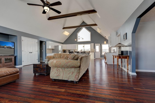 living room featuring ceiling fan, high vaulted ceiling, beam ceiling, and dark wood-type flooring