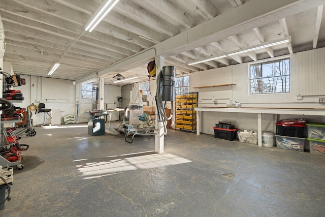 basement with a healthy amount of sunlight and a workshop area